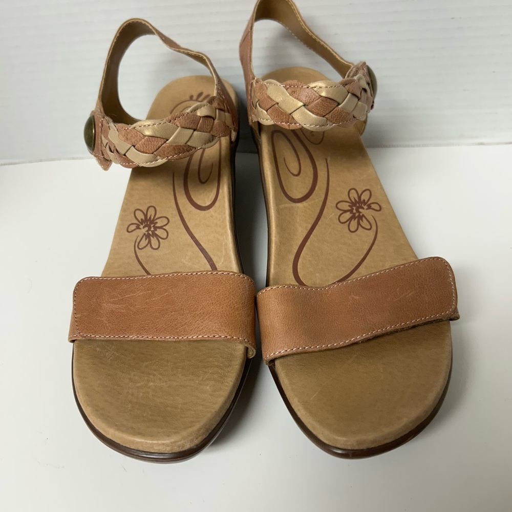 Aetrex Jillian Braided Leather Wedge Sandals Cognac Size 10.5 Lagenlook Earthy